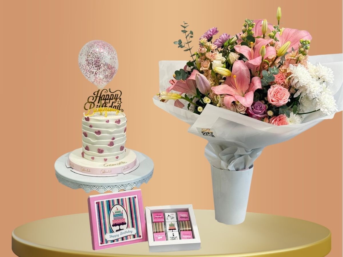 Birthdaygirl bundle with fresh flowers bouquet, birthday cake and chocolate box-Lebanon