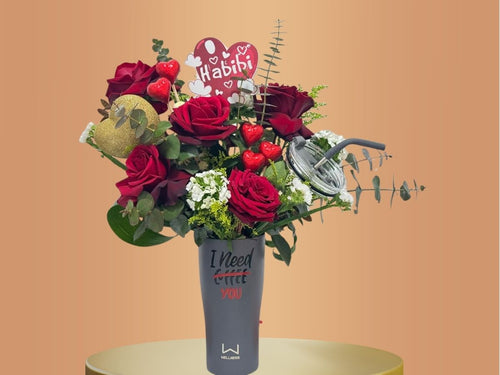 Blooming Love Bouquet with Bouquet of red roses with a 'Habibi' sign and a tumbler labeled I Need You-Lebanon delivery