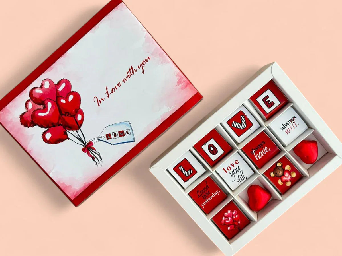 chocolate gift box, milk chocolate pieces, mixed flavours, gift box Dubai, romantic chocolate gift, heart fluttering gift, contains nuts, thoughtful message chocolates, love chocolate box, In Love With You chocolate