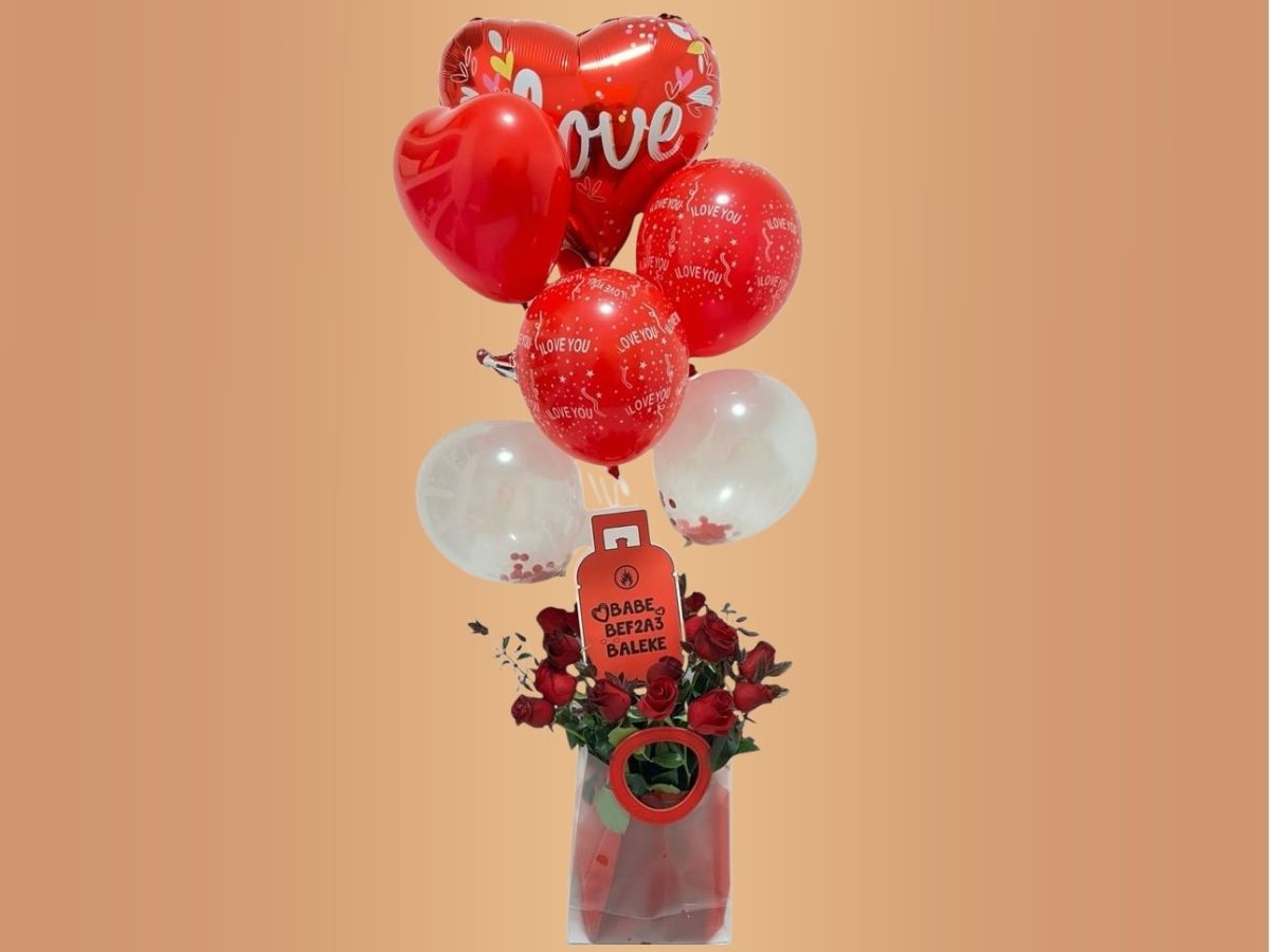 Passionate Embrace bundle with balloon set and red roses bouquet delivery in Lebanon
