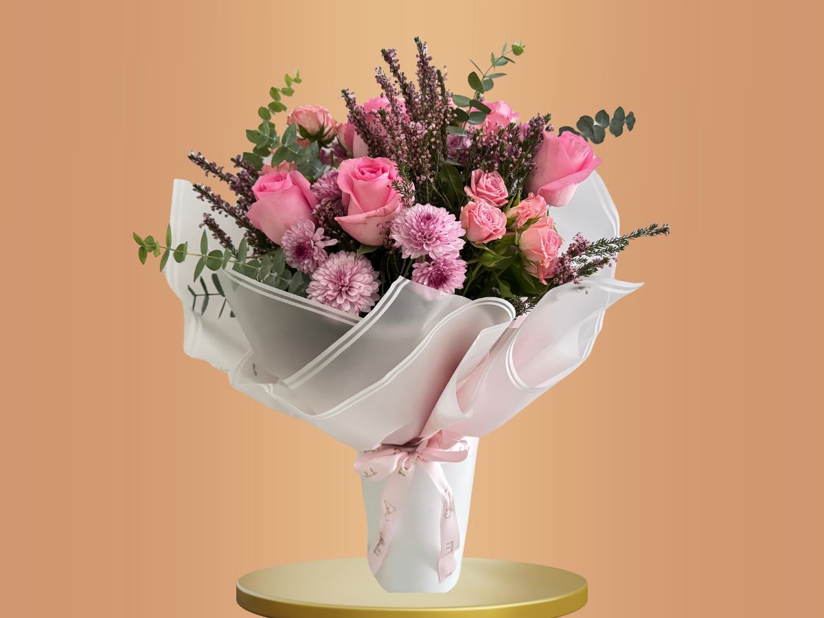 Rosy Reverie Bouquet with an assortment of pink roses and chrysantenum- Gftonclick Lebanon