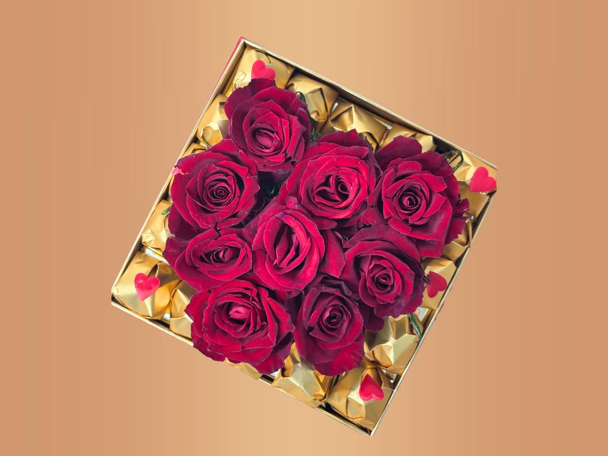 Gold box with red roses on a beige background-Lebanon