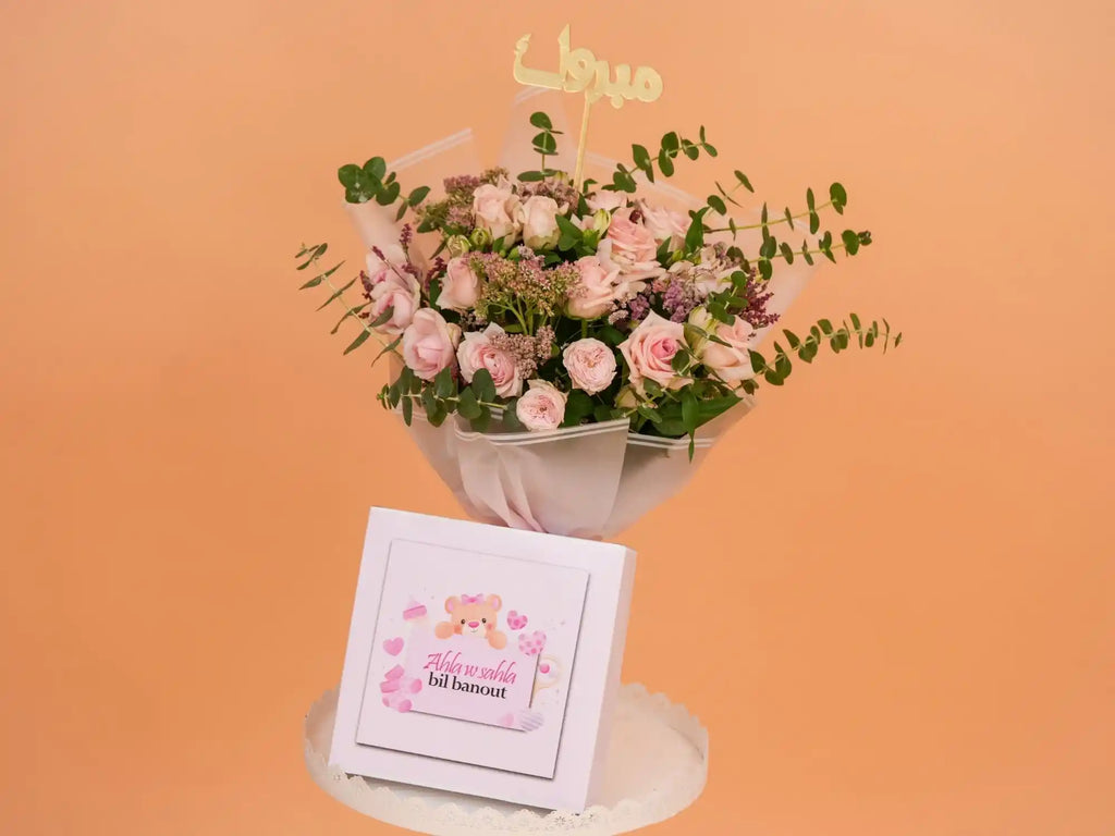 Welcome Baby Girl Bundle with 25-piece chocolate box and fresh flower arrangement- Gift On Click Lebanon
