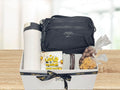 gift box for men with outdoor pouch, travel mug, chocolate bar, leather bracelet, nuts and chocolate