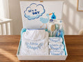 baby boy bath hamper with bathrobe, baby bib, wash cloth, baby brush and perfume