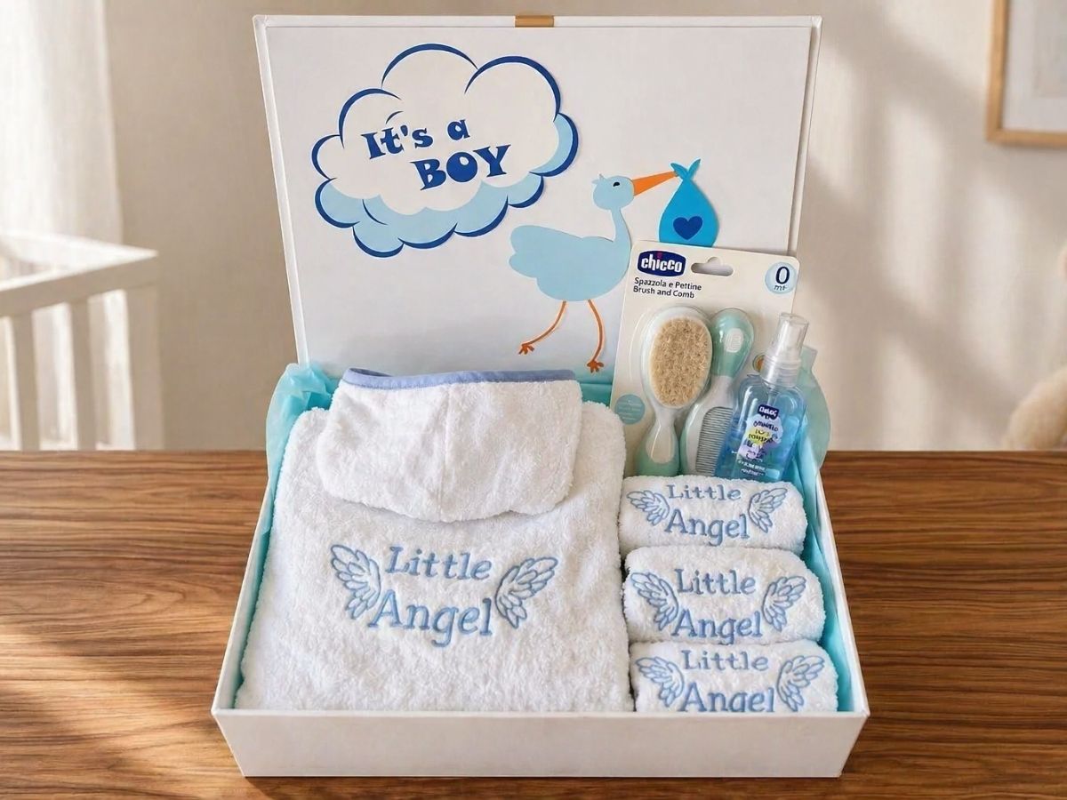 baby boy bath hamper with bathrobe, baby bib, wash cloth, baby brush and perfume
