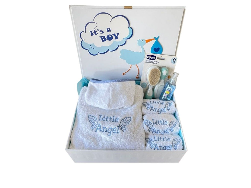 baby boy bath hamper with bathrobe, baby bib, wash cloth, baby brush and perfume