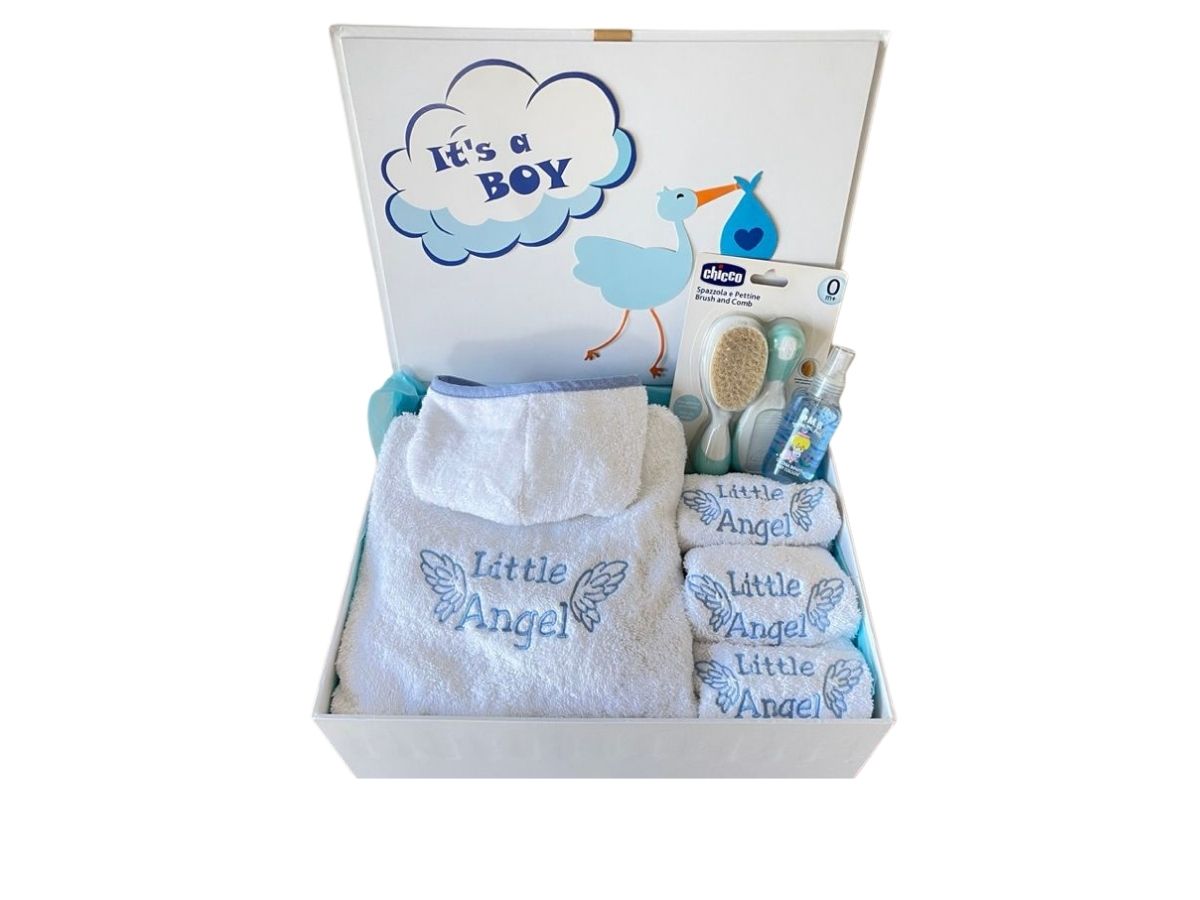 baby boy bath hamper with bathrobe, baby bib, wash cloth, baby brush and perfume
