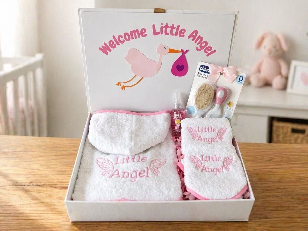 baby girl bath hamper with bathrobe, baby bib, wash cloth, baby brush and perfume