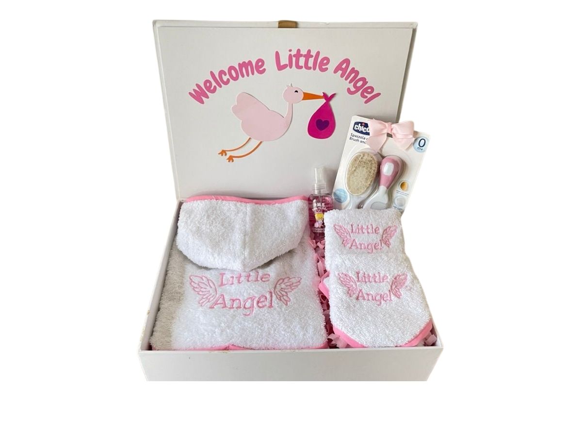 baby girl bath hamper with bathrobe, baby bib, wash cloth, baby brush and perfume