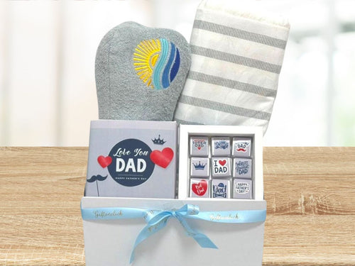 gift for dad with chocolate box, beach towel and beach pillow