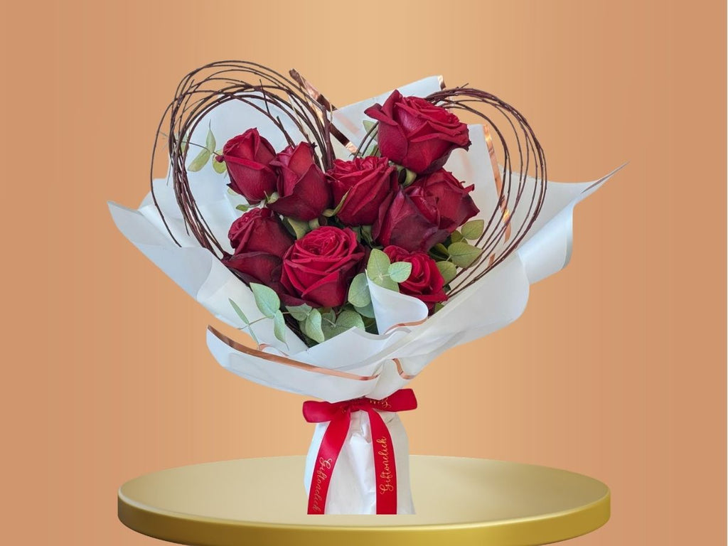 Bouquet of red roses with a heart-shaped wire frame-Lebanon