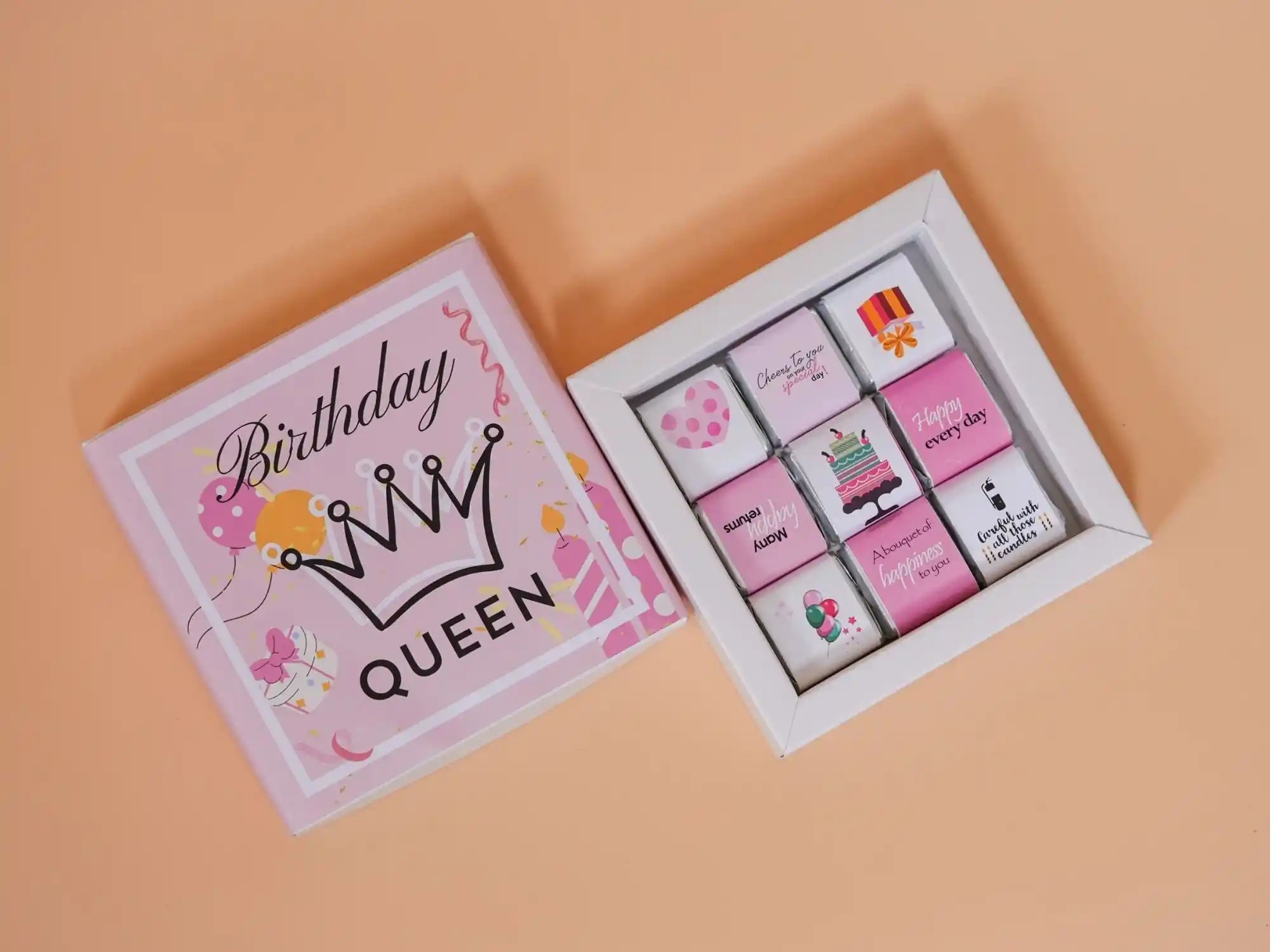 Close-up of Birthday Queen Flower Bundle chcoclate box– beautiful blooms and curated birthday gifts for a special celebration