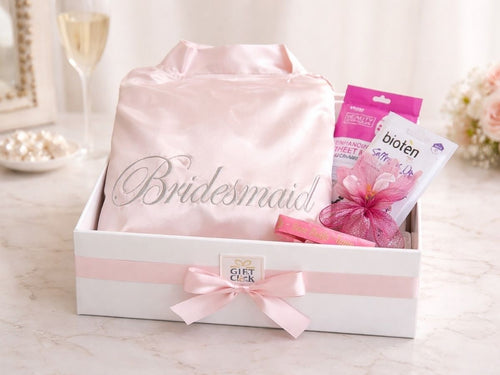 satin robe embroidered for bridesmaid with face masks, hair clip and team bride band
