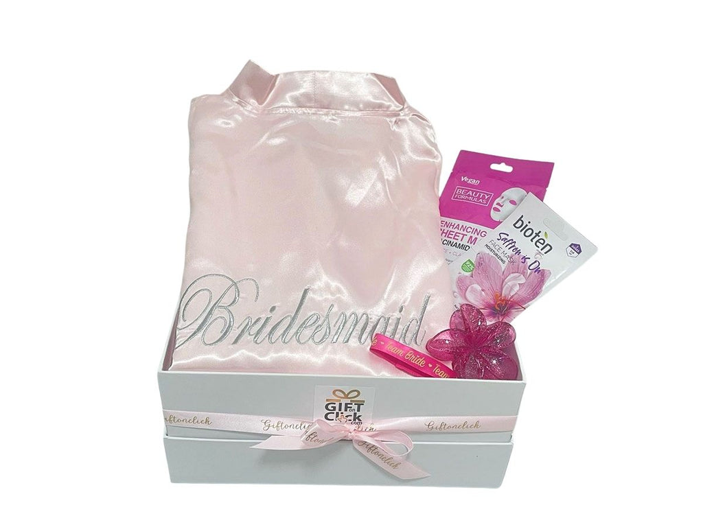 satin robe embroidered for bridesmaid with face masks, hair clip and team bride band