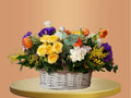 Colorful flower arrangement in a wicker basket