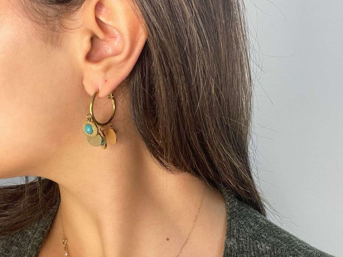 gold hoop earring with turquoise stone 