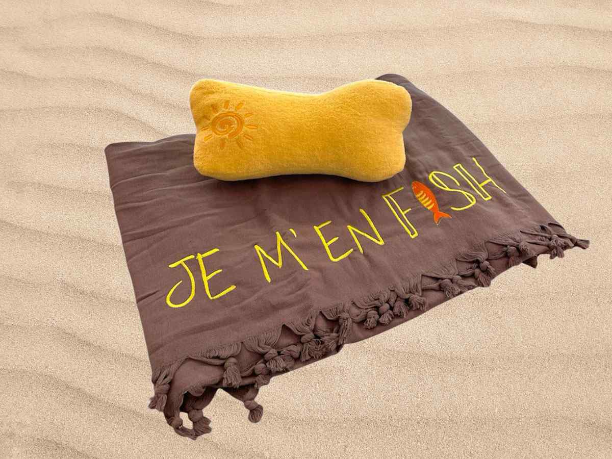 embroidered beach toel and pillow set in grey and yellow