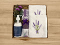 giftbox with lavender embroidered towels, lavender lotion, lavender buds and soap