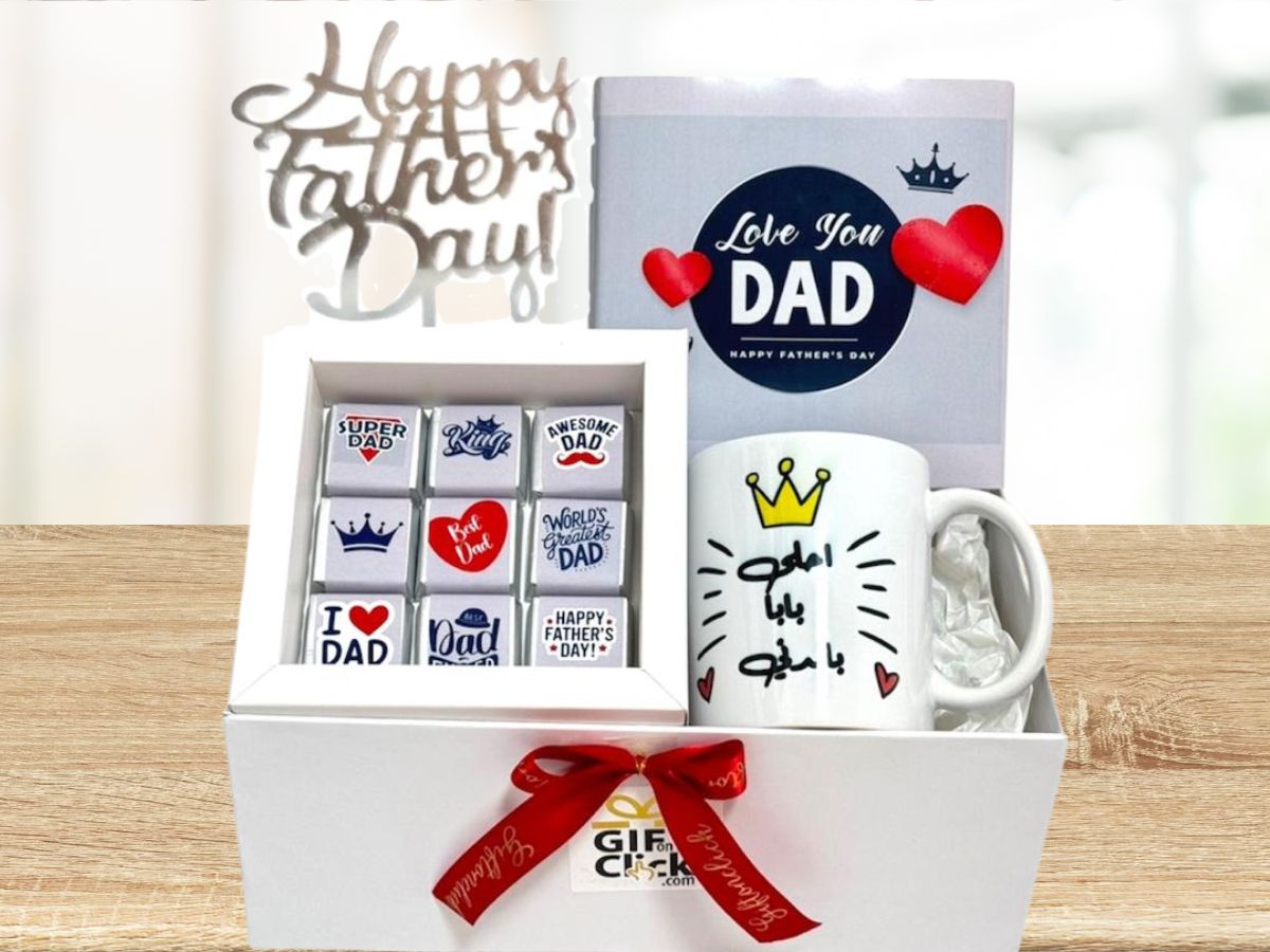 giftbox for dad with chocolate box, mug and topper