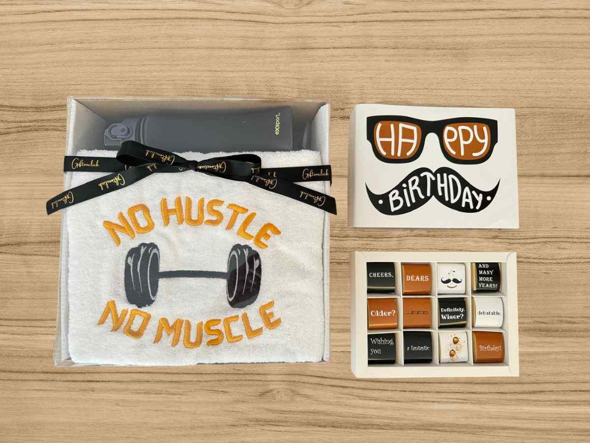 embroidered gym towel, gym bottle and birthday chocolate box
