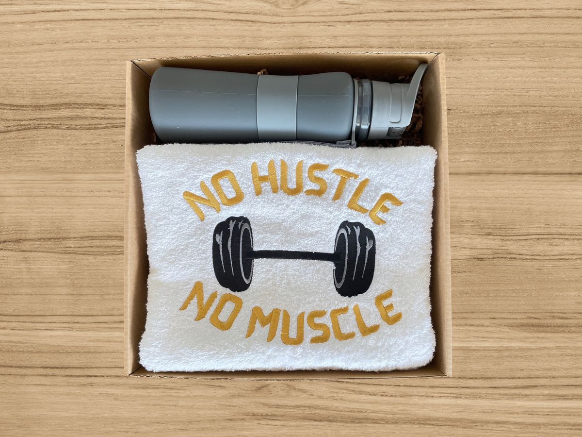 embroidered gym towel and gym bottle