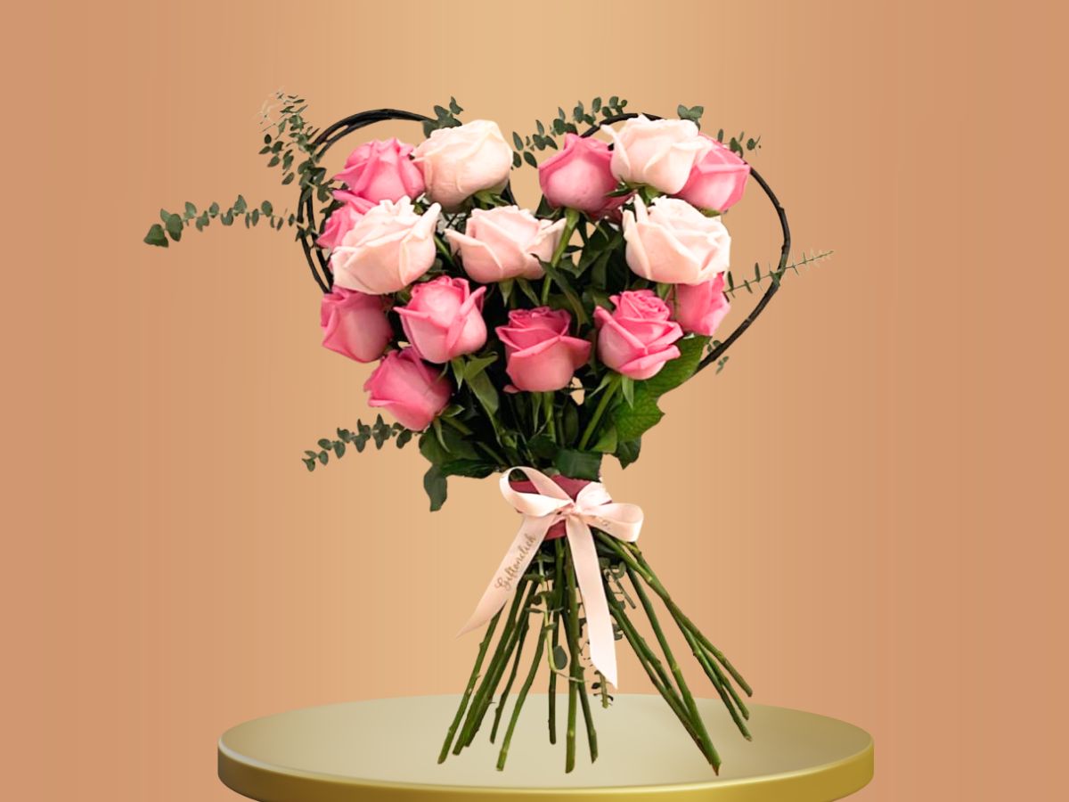 Pink heart-shaped rose bouquet with 15 fresh cut roses – Gift On Click Lebanon
