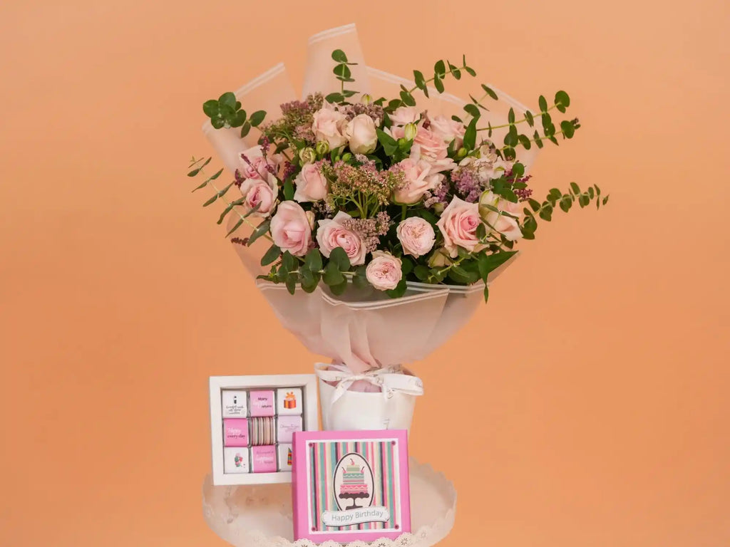 Pretty in Pink Bundle with pink flower arrangement and chocolate box – Gift On Click Lebanon