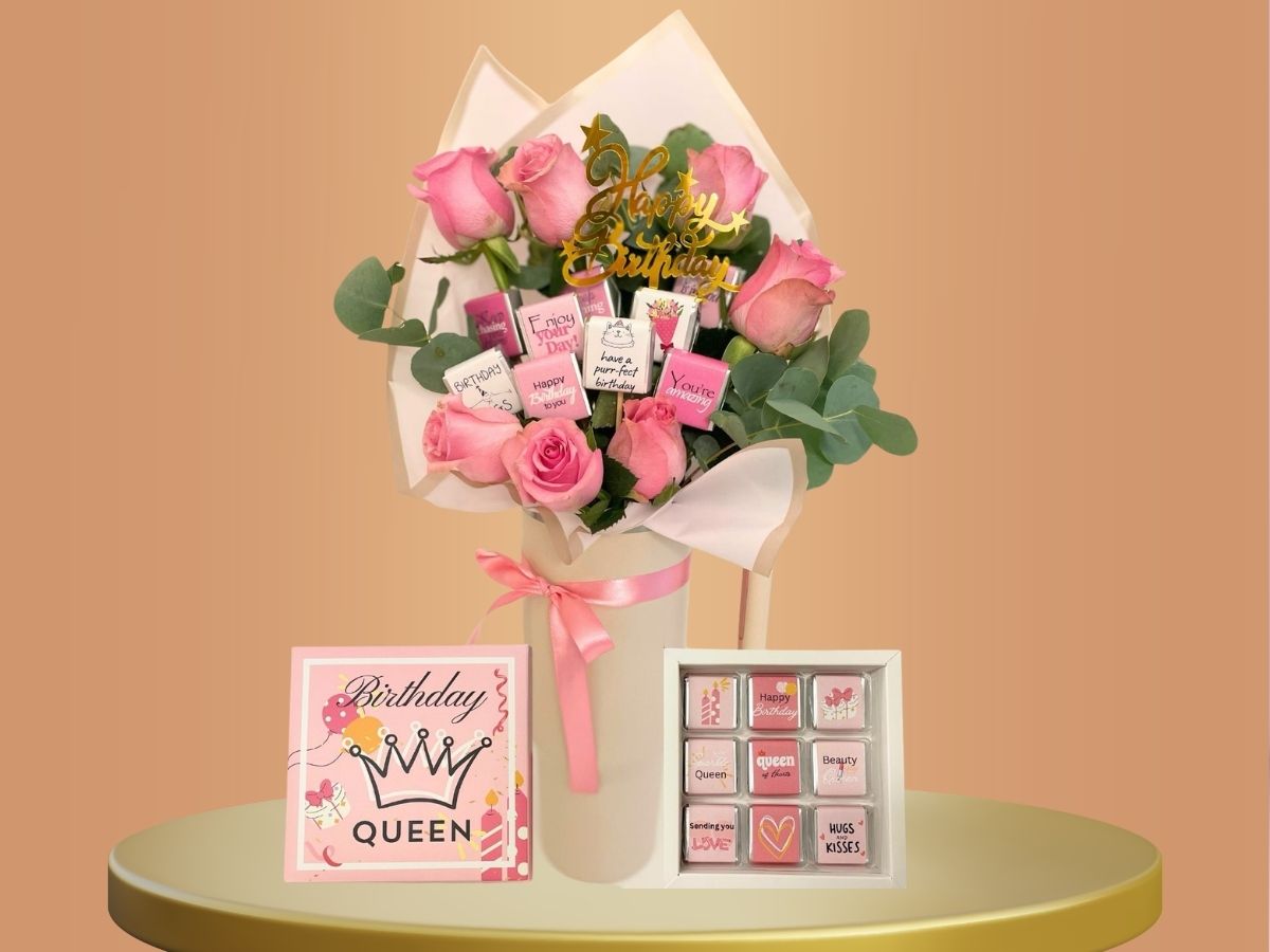 Queen birthday bundle with fresh pink roses bouquet and chocolate box delivery in Lebanon