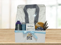 gift with bathrobe, luffa, lavender oil, lavender pillow mist, soap and chocolate bar