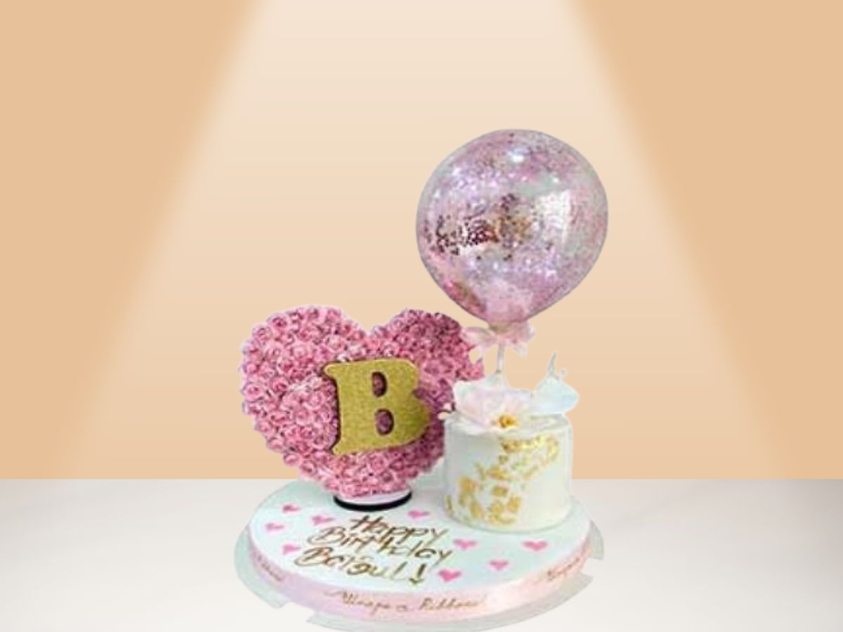 single cake balloon and flower heart