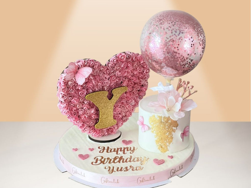 single cake, balloon and flower heart