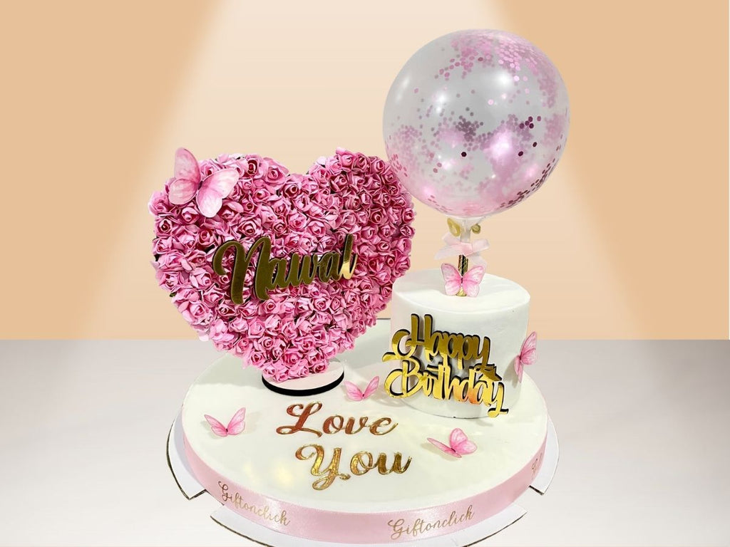 single cake, balloon and flower heart