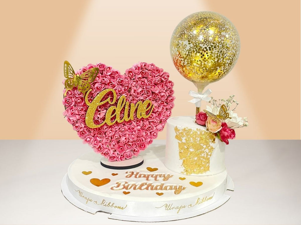 single cake, balloon and flower heart