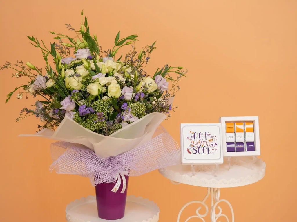 Sweet recovery bundle with 8-piece chocolate box and fresh flower arrangement-Gift On Click Lebanon