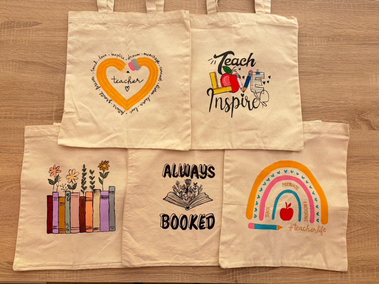tote bags with educational-themed designs for teachers