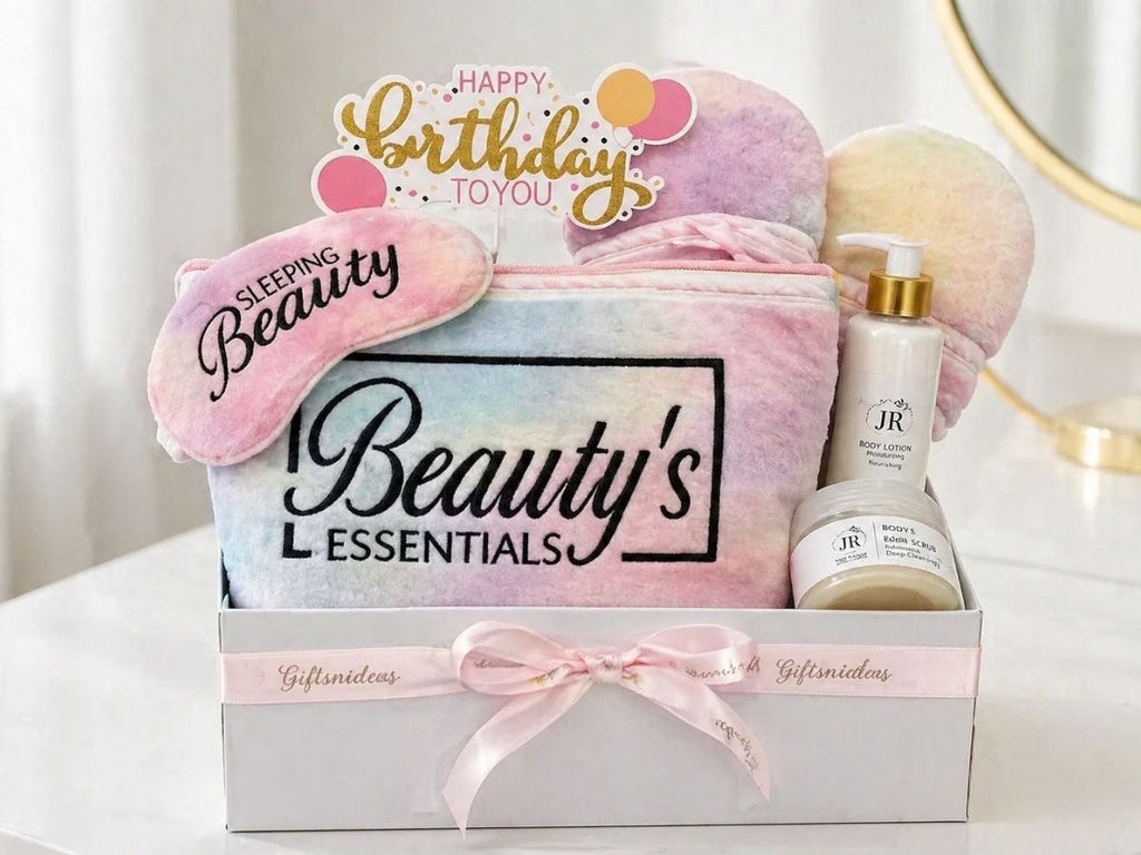 gift box with beauty essentials pouch, house slippers, sleeping eye mask, lotion and body scrub