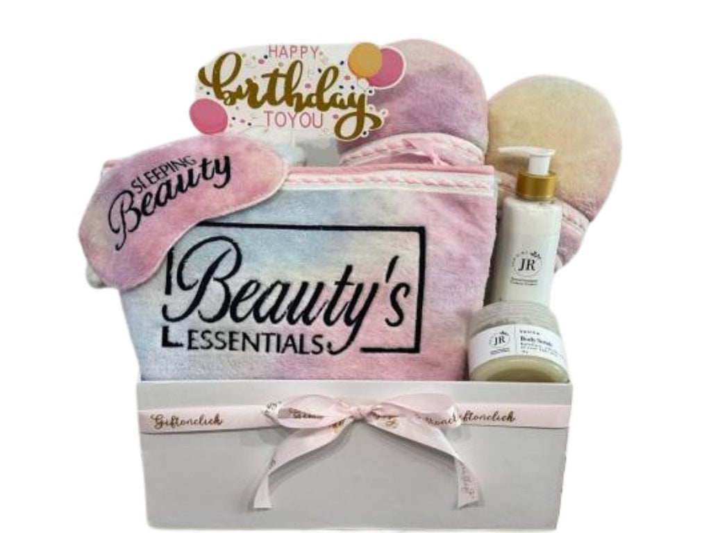 gift box with beauty essentials pouch, house slippers, sleeping eye mask, lotion and body scrub