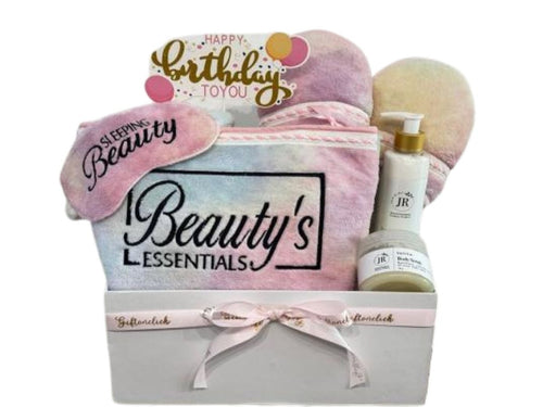 gift box with beauty essentials pouch, house slippers, sleeping eye mask, lotion and body scrub