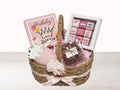gift basket with chocolate box, queen mug, tea bag