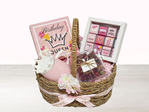 gift basket with chocolate box, queen mug, tea bag