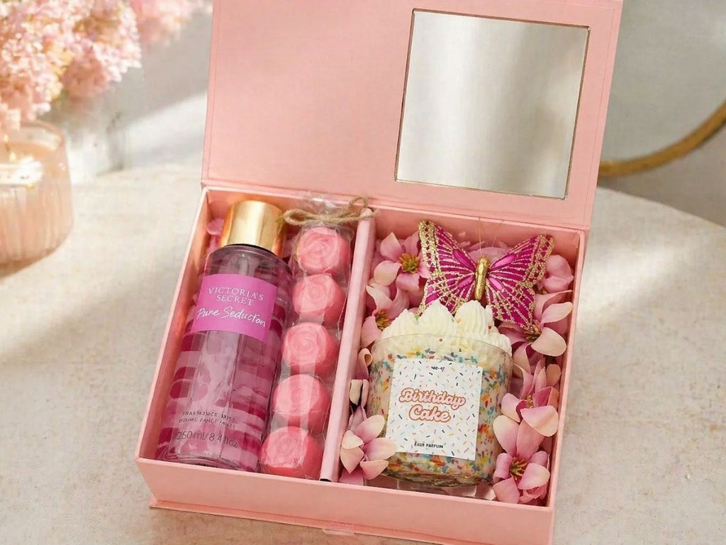 giftbox with scented candle, body mist and chocolates