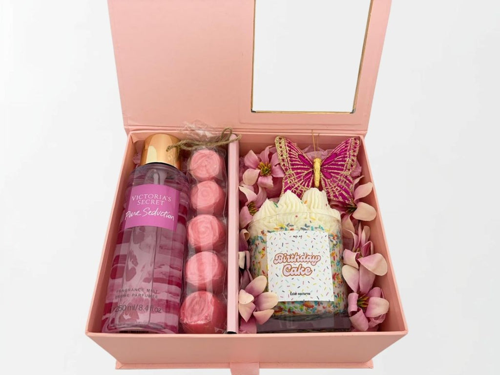 giftbox with scented candle, body mist and chocolates