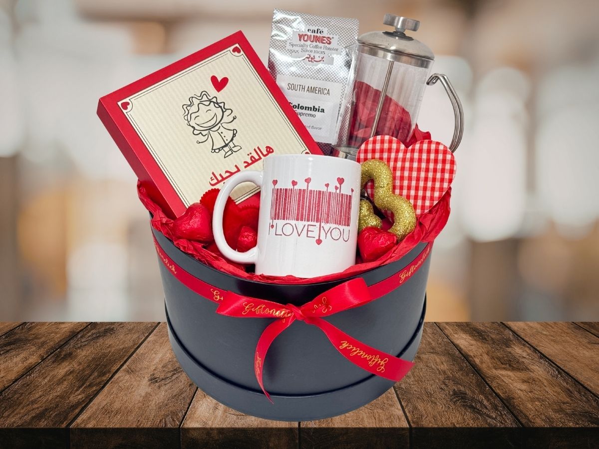 gift set with chocolate box, coffee blend, french press and coffee mug