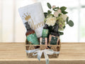 queen embroidered towel, green tea body lotion, shower gel, soap bar and body mist