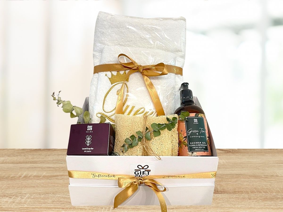 giftbox with queen embroidered towels, shower gel, traditional soap and luffa