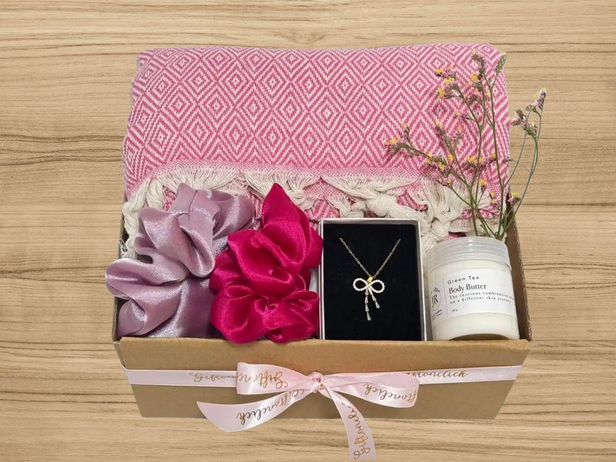 gift set with turkish towel, two hair scrunchies, gold plated necklace and body butter