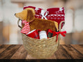 gift basket with blanket, hot water bottle shaped as a dog, candle, mug and body lotion