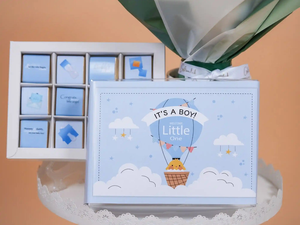 Welcome Baby Boy Bundle with 12 piece chocolate box and fresh flower arrangement- Gift On Click Lebanon