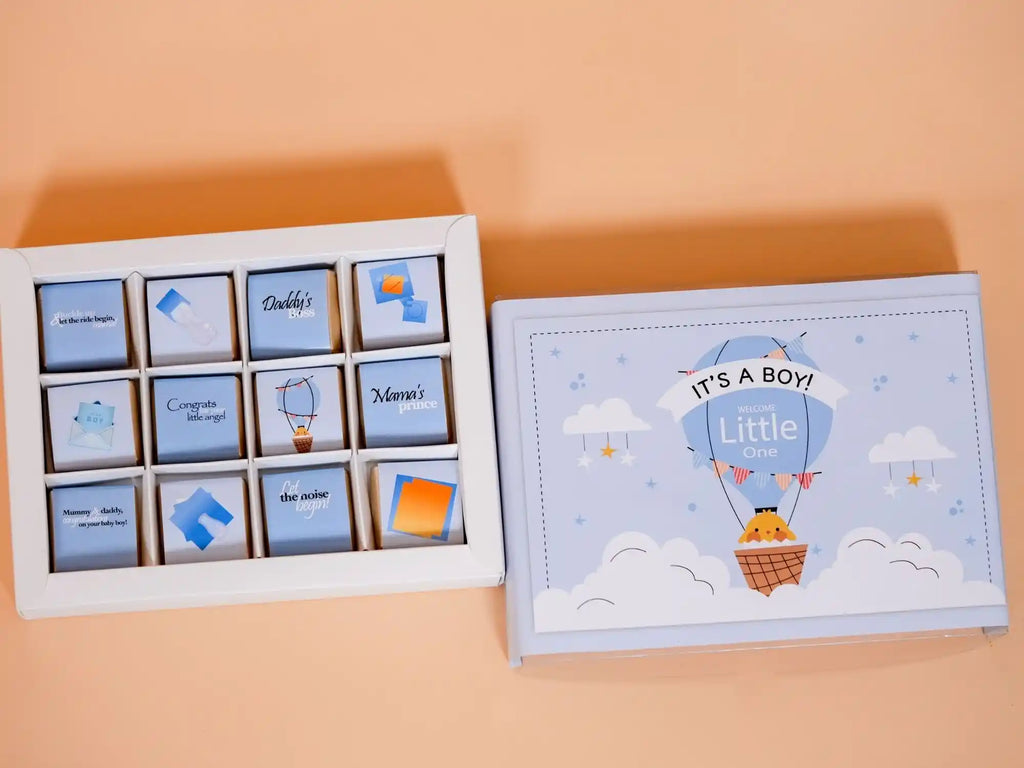 Welcome Baby Boy Bundle with 12 piece chocolate box and fresh flower arrangement- Gift On Click Lebanon